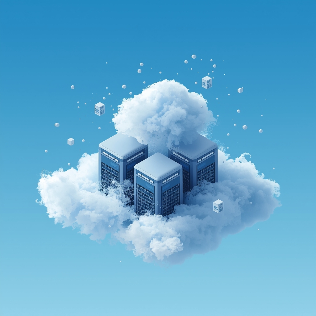 cloud server data center concept, ethereal floating servers, bright sky blue background, isometric view